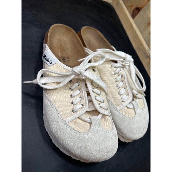 Birkis Womens Canvas & Suede Slip-On Sneaker Shoes Beige Size 7 EU38 Cork Sole - Picture 2 of 9